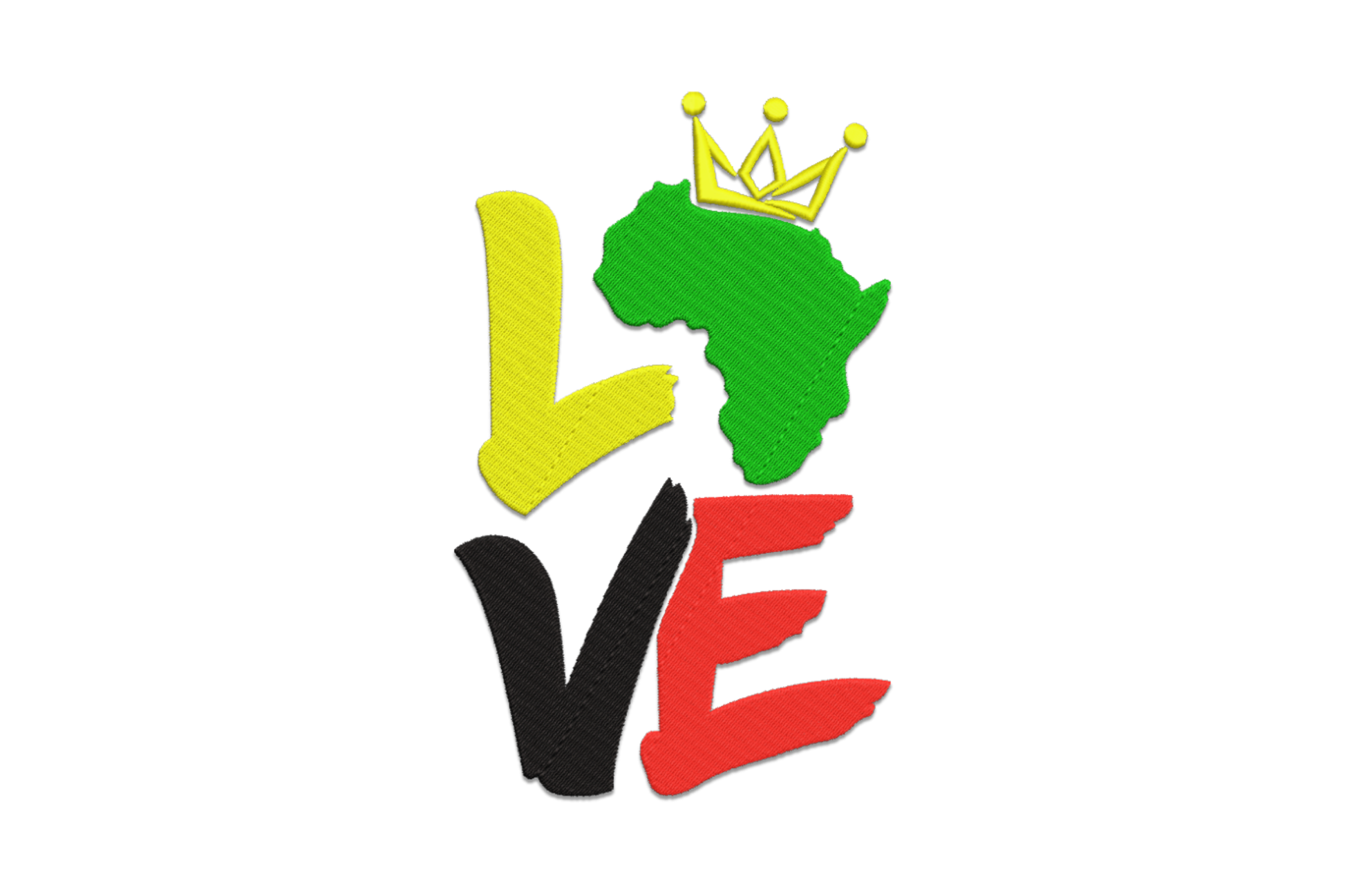 Africa Love embroidery, yellow L black V red E and green Africa continent silhouette with small yellow crown replacing the O.