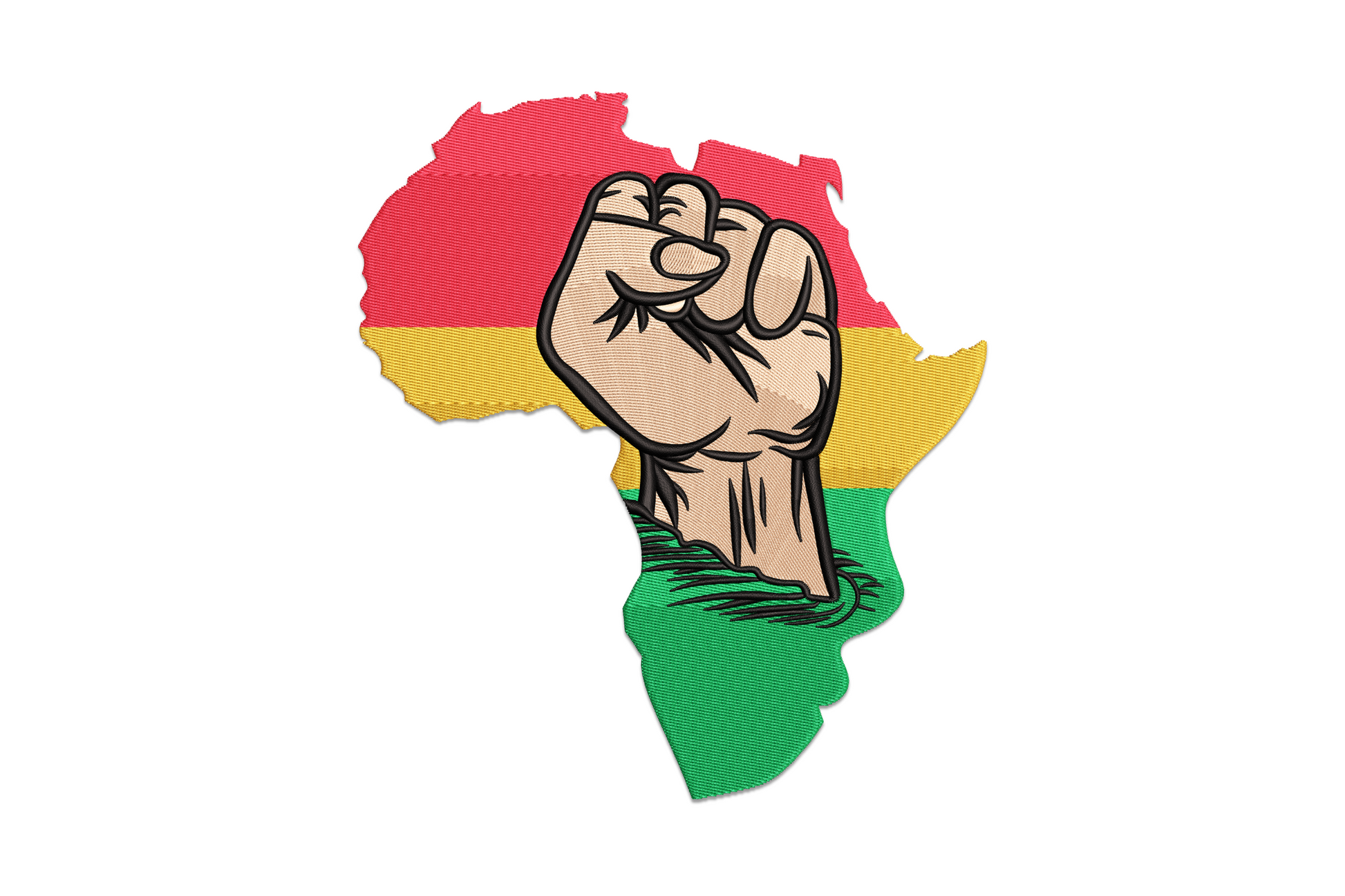 Africa continent silhouette embroidery with raised power fist in red, gold and green Pan-African colours.
