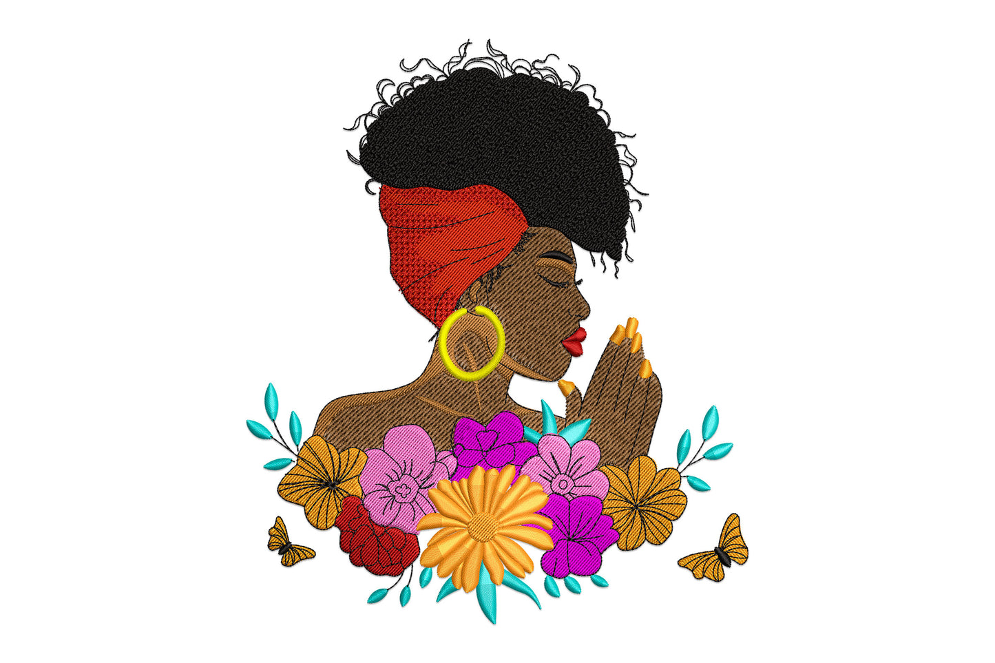 African woman prayer embroidery, natural afro hair, yellow hoop earring, praying hands, with tropical flowers and monarch butterflies below.