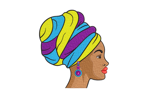 African woman headwrap embroidery in yellow cyan and purple swirl panels, brown skin, gold hoop, red lips.