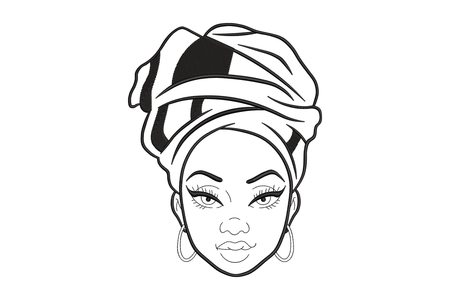 African woman headwrap portrait embroidery in black line art, front-facing with satin-filled headwrap and hoop earrings.