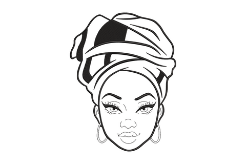 African woman headwrap portrait embroidery in black line art, front-facing with satin-filled headwrap and hoop earrings.