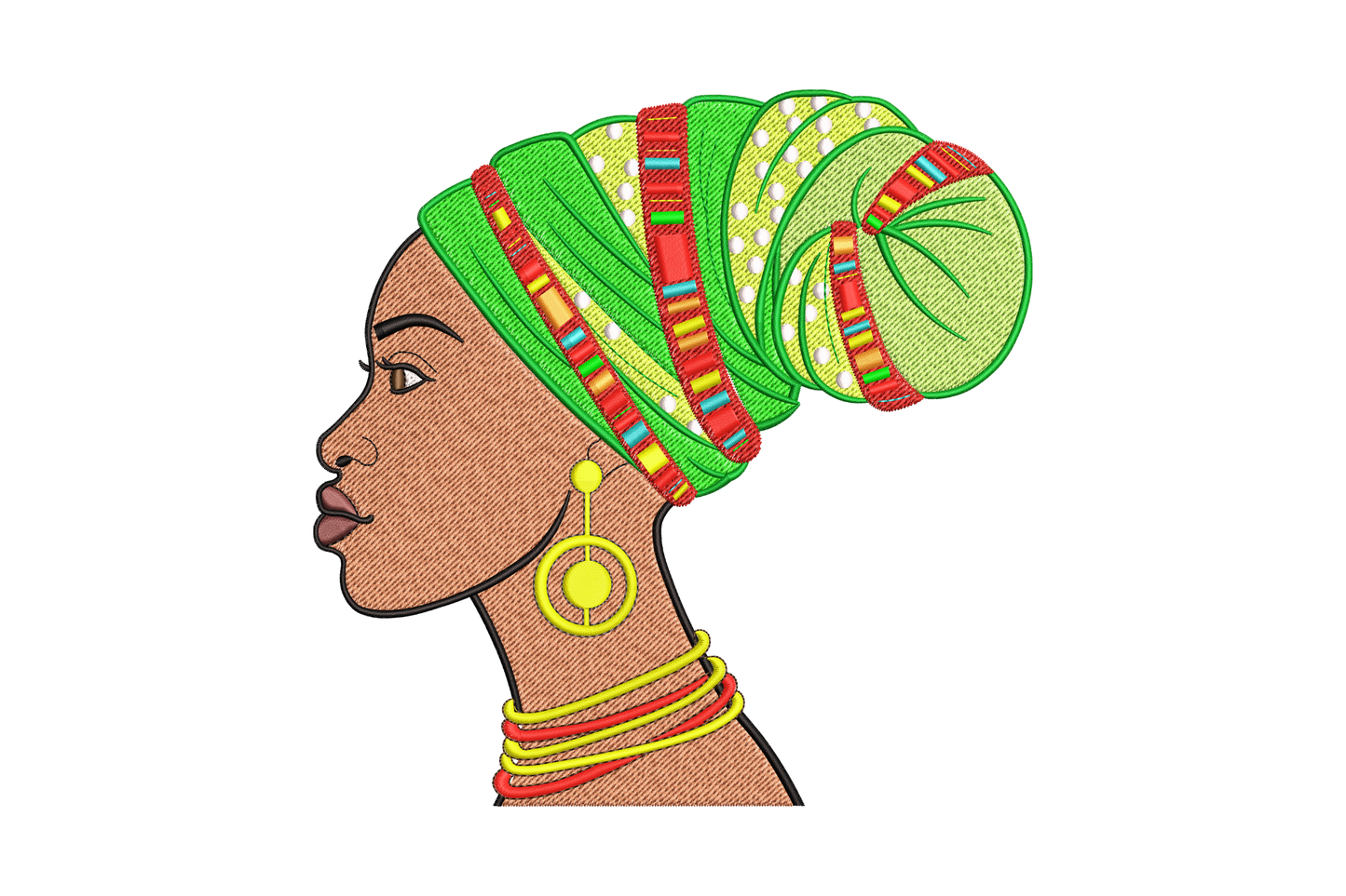 Machine embroidery portrait of an African woman wearing a large vibrant wrapped headwrap, 19-colour design with detailed shading