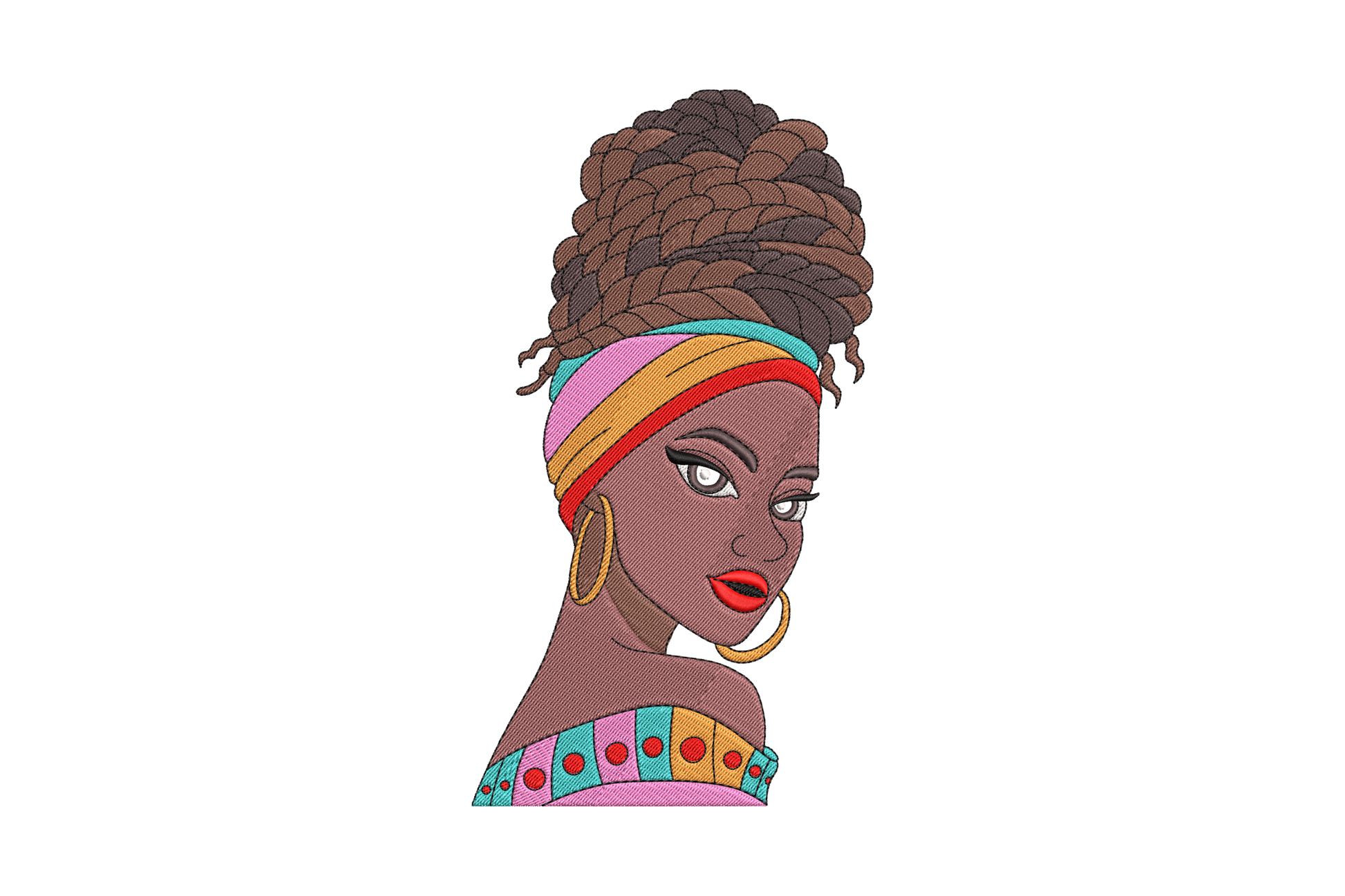 African woman portrait embroidery with braided updo, multicolour headband, red lips, gold hoop earring and beaded collar.