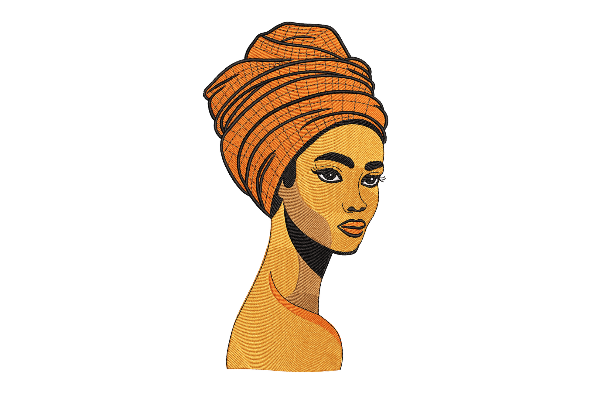 African woman portrait embroidery design, bust-length, coral orange head wrap, deep brown skin tones, almond eyes, cultural portrait style, 6 colours.