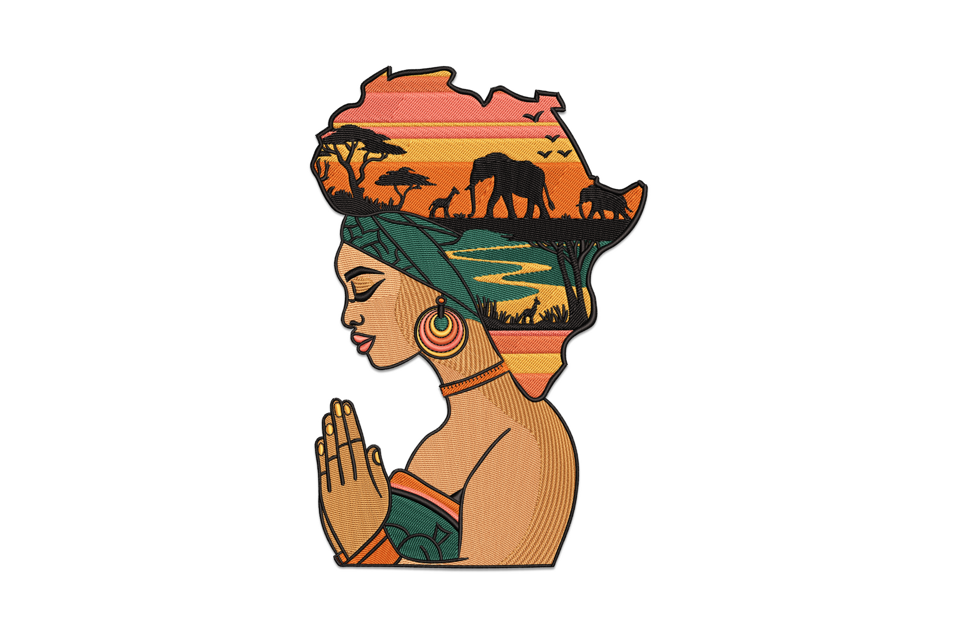 African woman safari landscape embroidery design, side portrait with Africa continent headwrap filled with giraffes, elephants and acacia sunset scene.