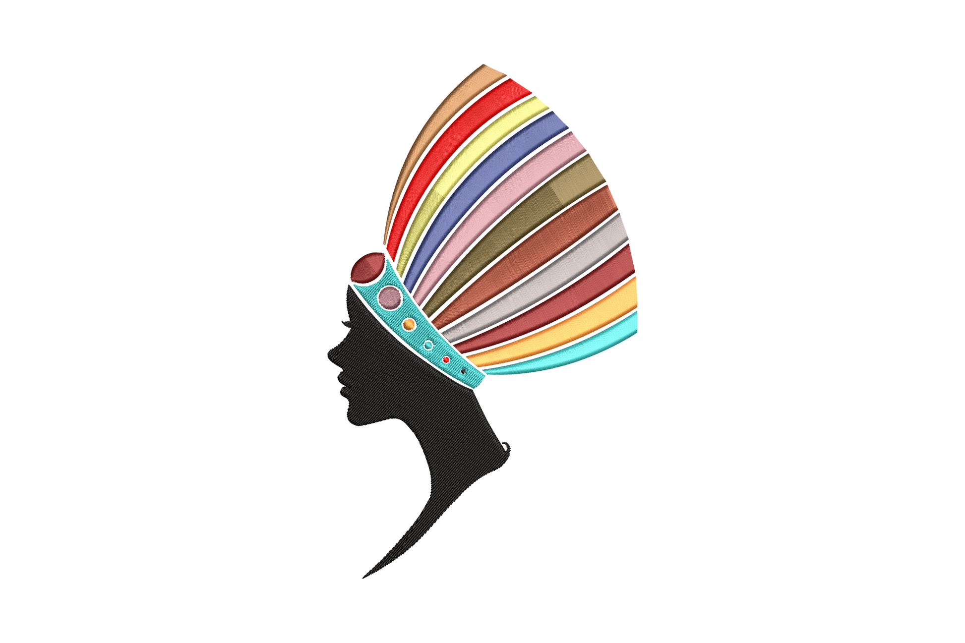African woman profile silhouette embroidery with a large multicolour striped headwrap fanned out above a solid black face.