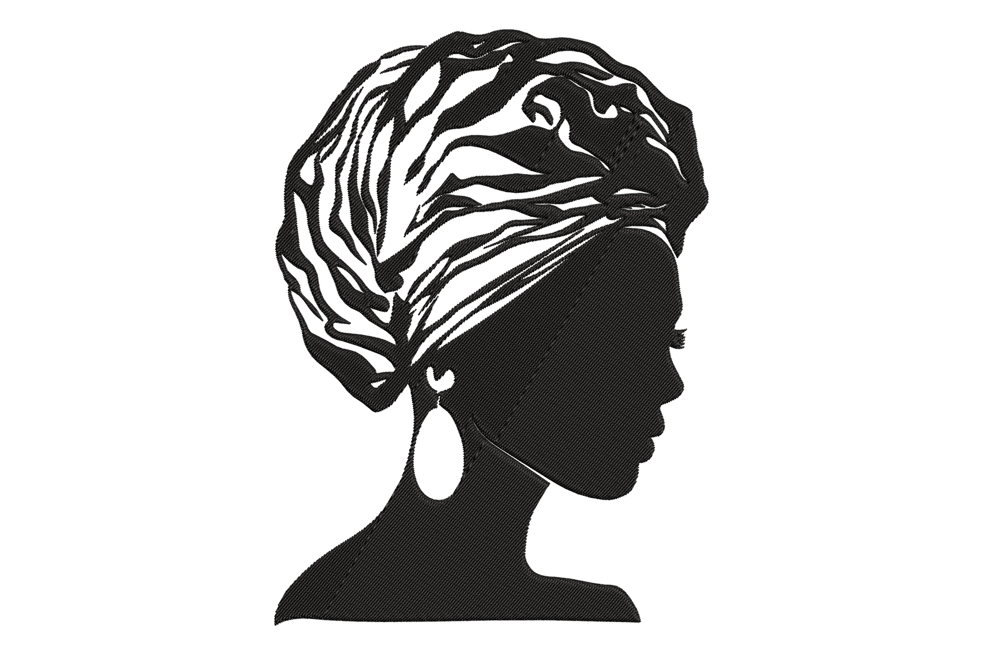 Machine embroidery African woman silhouette design, bold single-colour profile view with large natural afro shape, solid fill satin outline, graphic portrait style on one colour.
