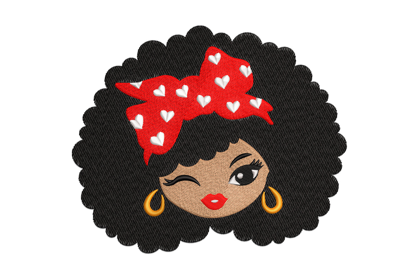 Afro girl face embroidery design with large black afro, red heart-print bandana, gold hoop earrings, tan skin tone, one winking eye and red lips.
