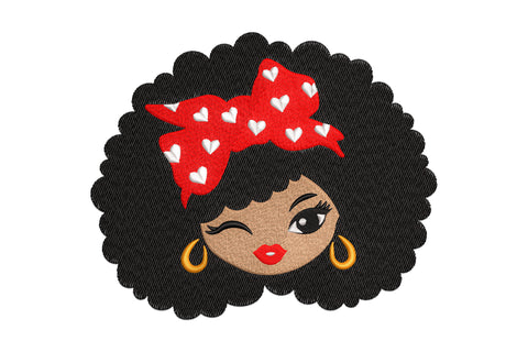Afro girl face embroidery design with large black afro, red heart-print bandana, gold hoop earrings, tan skin tone, one winking eye and red lips.