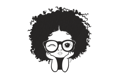 Cartoon afro girl winking embroidery design with huge curly afro, round glasses, one eye closed wink, black satin on white.