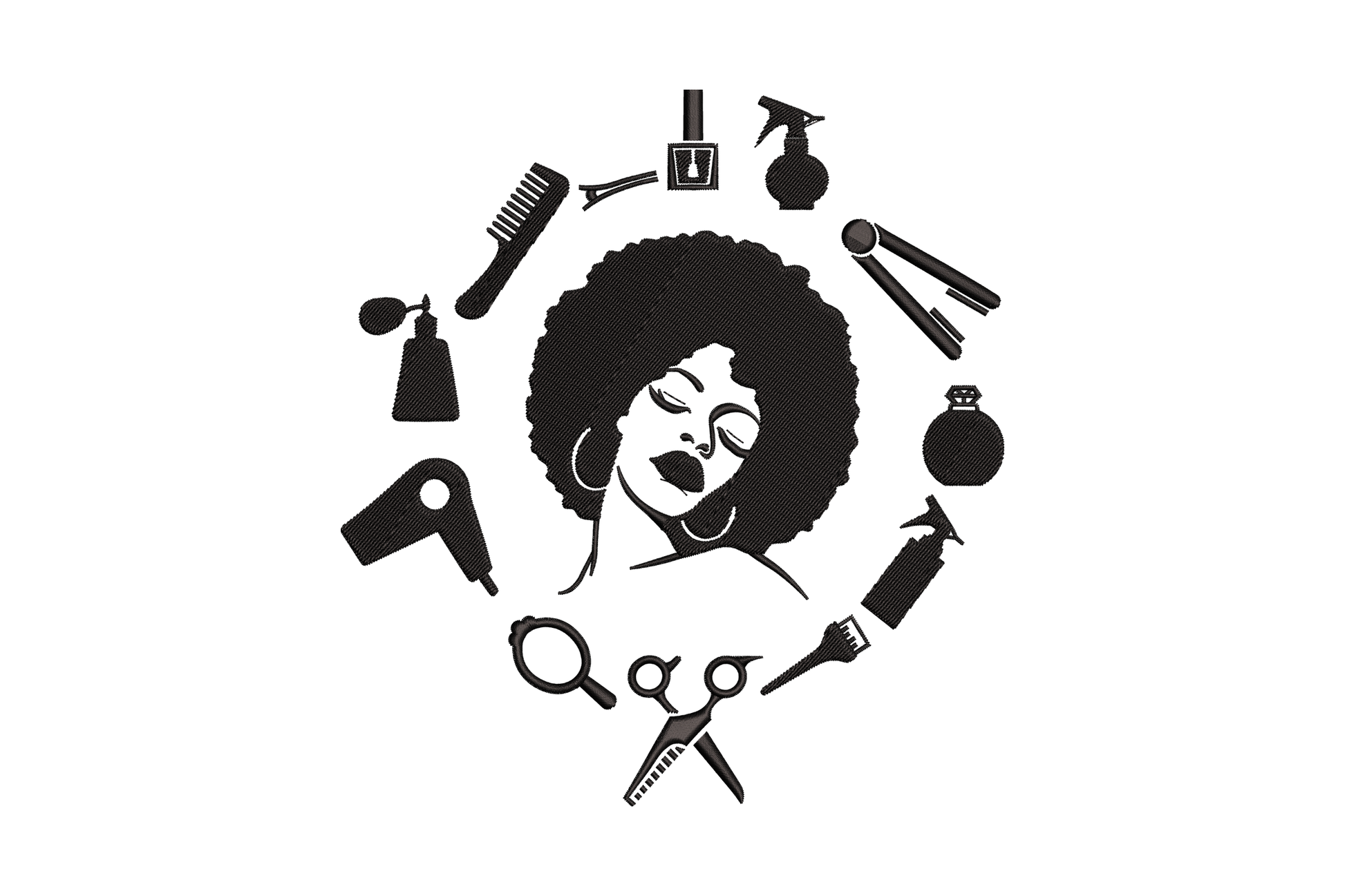 Afro hairstylist tools embroidery design, black silhouette of a woman with afro and glasses ringed by ten salon tools.