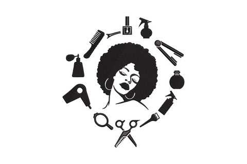 Afro hairstylist tools embroidery design, black silhouette of a woman with afro and glasses ringed by ten salon tools.