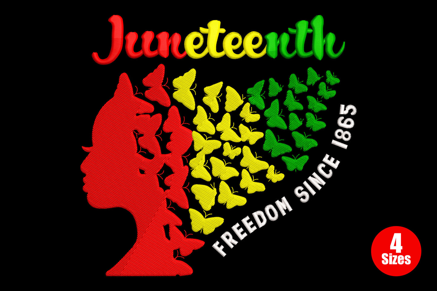 Afro pride embroidery, solid red woman silhouette with butterfly cluster in red yellow green and Juneteenth cursive script.