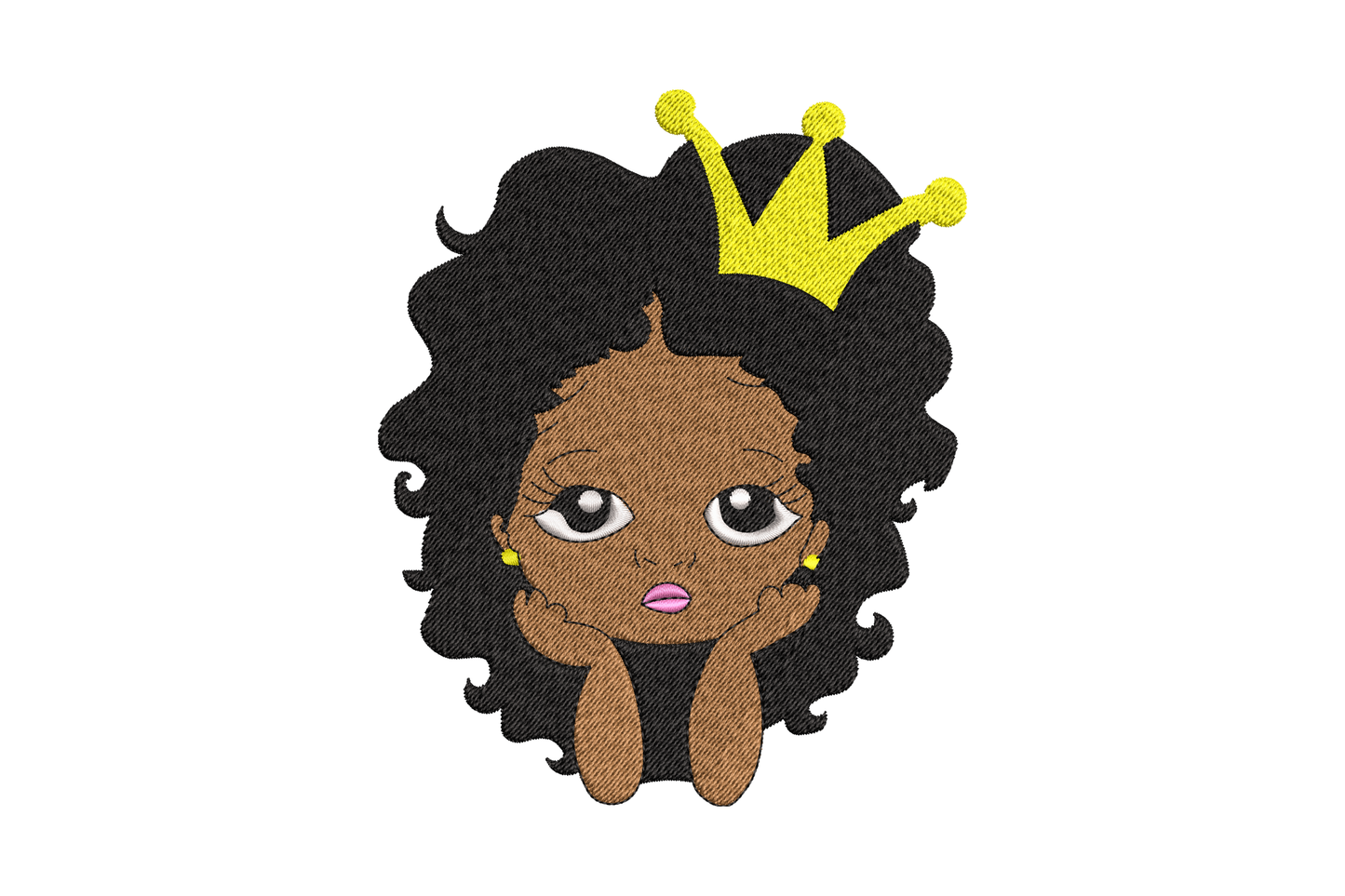 Afro princess girl with gold crown embroidery design, portrait bust with wild curly hair and pink lips, 4 sizes 2.5 to 5.5 inches, 5 colours