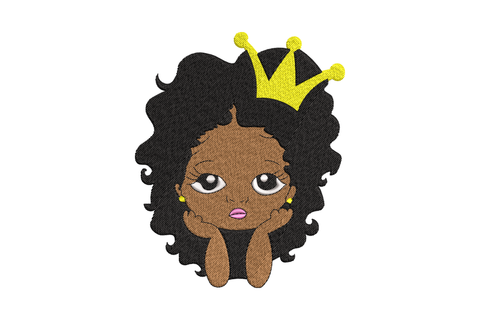 Afro princess girl with gold crown embroidery design, portrait bust with wild curly hair and pink lips, 4 sizes 2.5 to 5.5 inches, 5 colours
