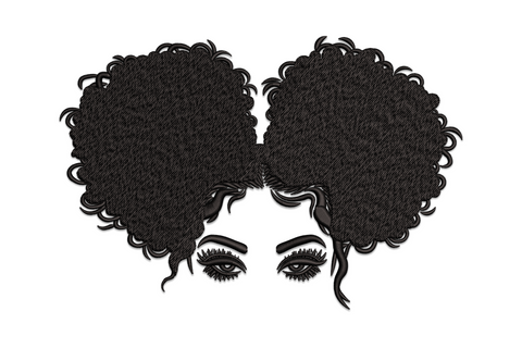 Afro puff eyes embroidery design with two large natural afro buns and bold dramatic lashed eyes, cropped front portrait, single colour black.