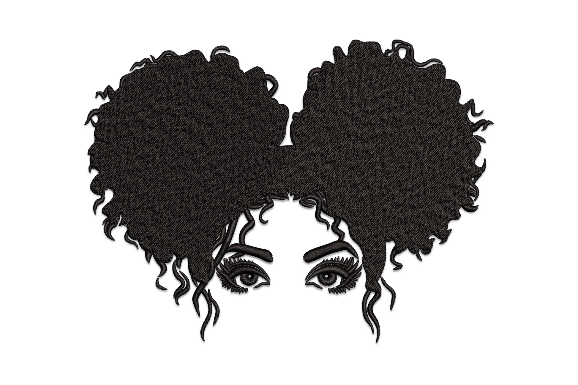 Afro puff eyes silhouette embroidery, solid black woman face with double rounded afro puffs and expressive lashed eyes.