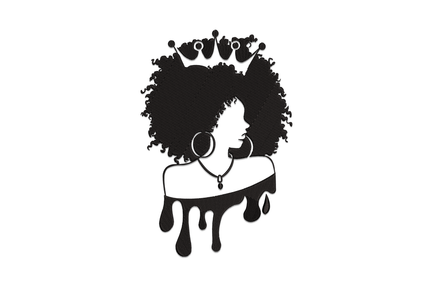 Afro queen silhouette embroidery design, side profile of woman with full round natural afro, single colour bold silhouette