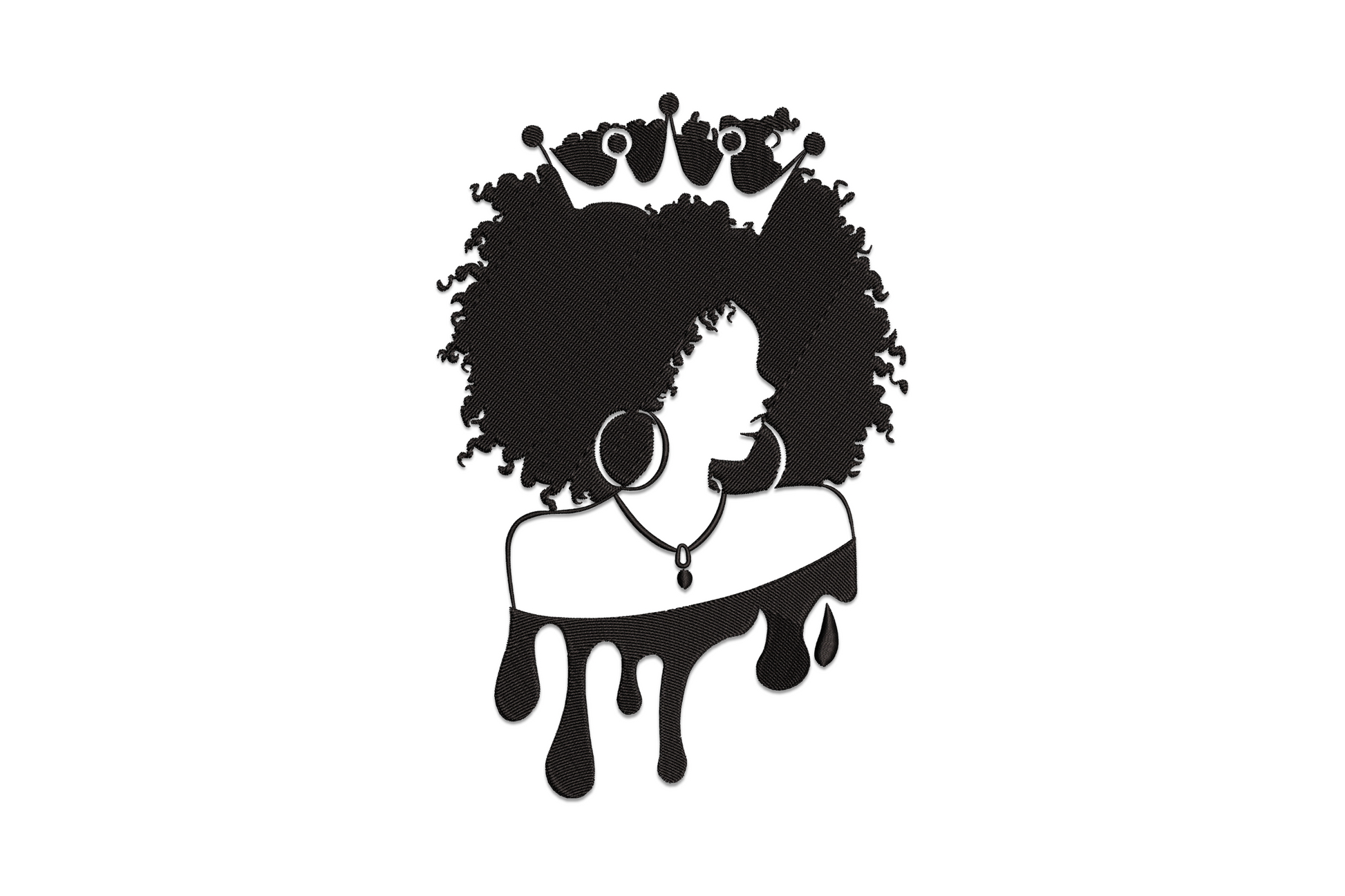 Afro queen silhouette embroidery design, side profile of woman with full round natural afro, single colour bold silhouette