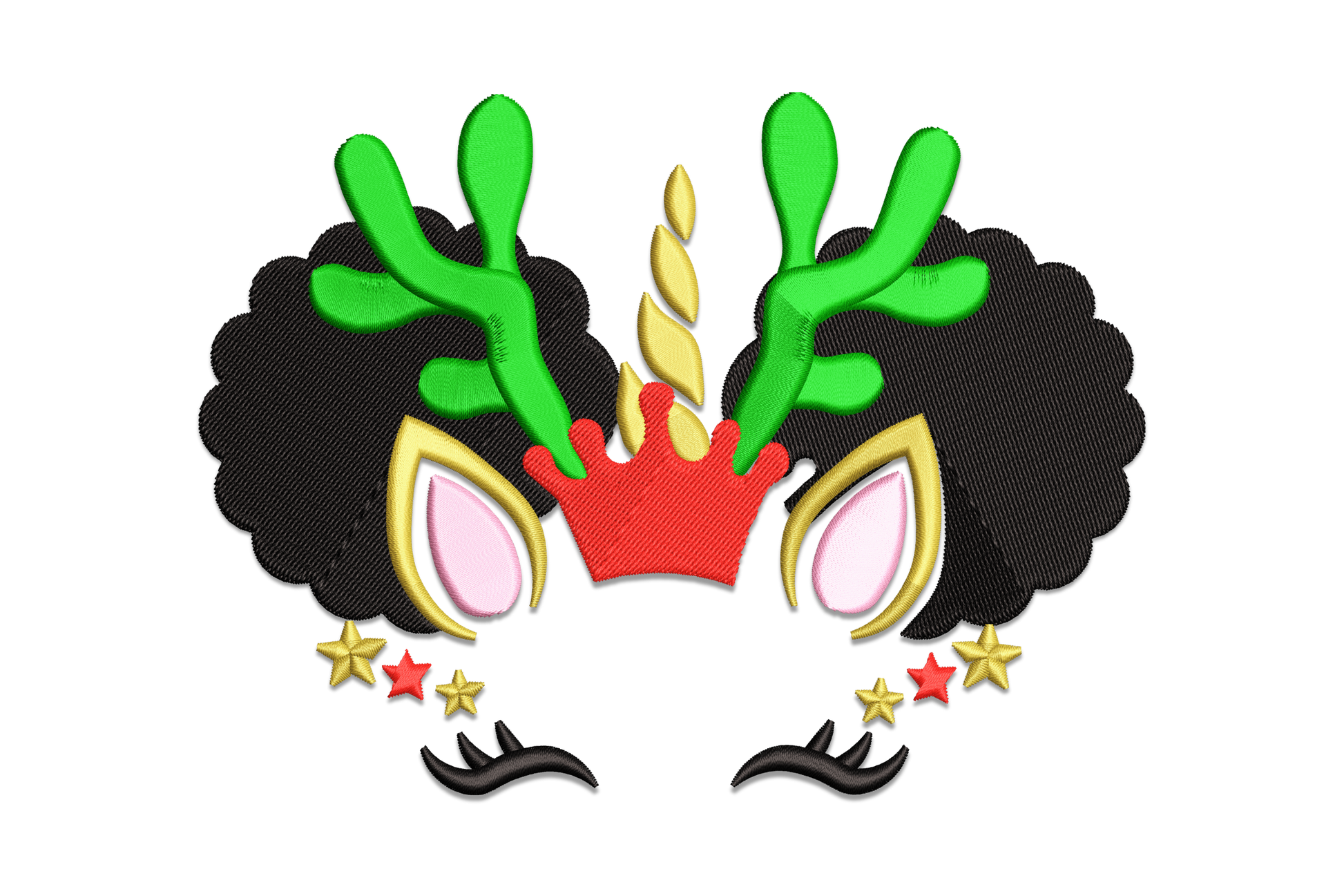 Afro unicorn reindeer Christmas embroidery design with large black afro puffs, green antlers, gold horn, red crown, pink ears, and gold stars