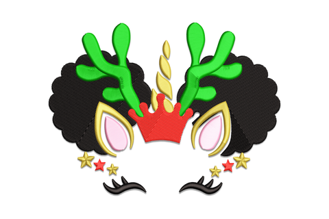 Afro unicorn reindeer Christmas embroidery design with large black afro puffs, green antlers, gold horn, red crown, pink ears, and gold stars