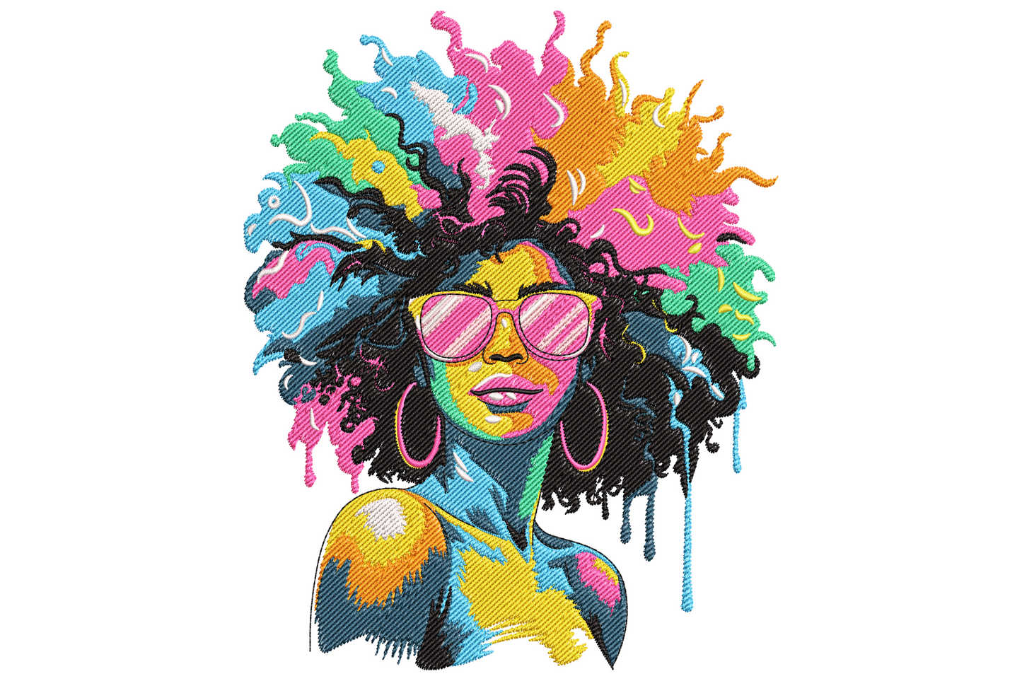 Bold afro woman portrait embroidery with colourful paint splash background on dark denim fabric