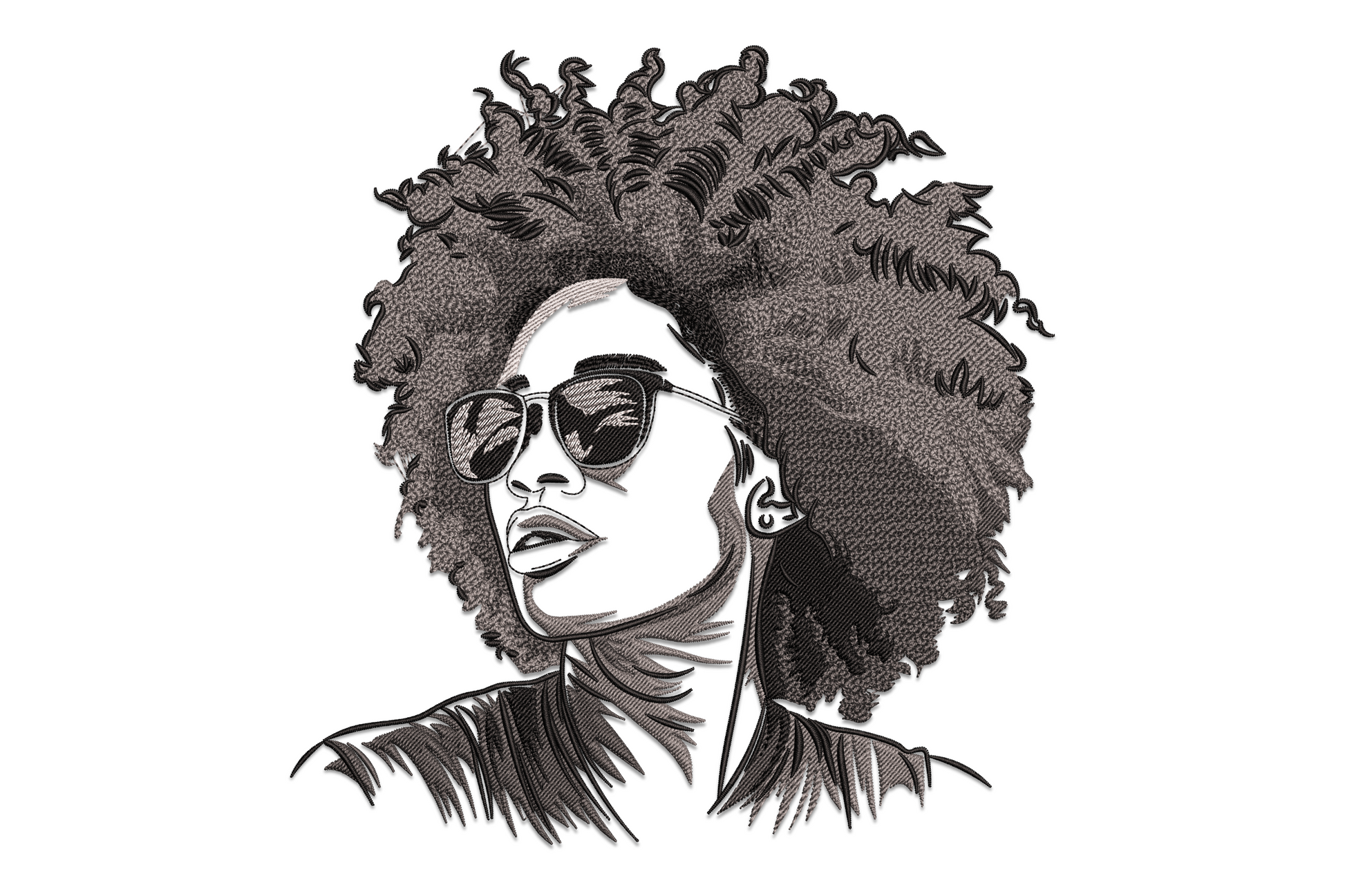 Afro woman embroidery design, bust portrait with large natural afro and aviator sunglasses in dark brown and black linework.
