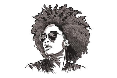 Afro woman embroidery design, bust portrait with large natural afro and aviator sunglasses in dark brown and black linework.