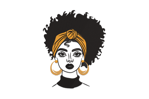 Afro woman portrait embroidery design with natural hair, gold headwrap and hoop earrings in black and amber thread.