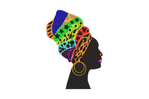 Afro woman rainbow headwrap embroidery, side profile with patterned colour-block wrap, gold hoop and magenta lips.