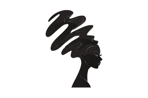 Afro woman silhouette embroidery design with bold rounded natural hair profile in single black thread on cream cotton fabric