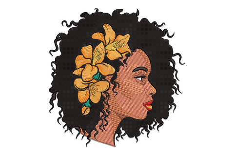 Side profile embroidery of a Black woman with voluminous natural afro and three large orange lily flowers at her temple, machine embroidery design on white background