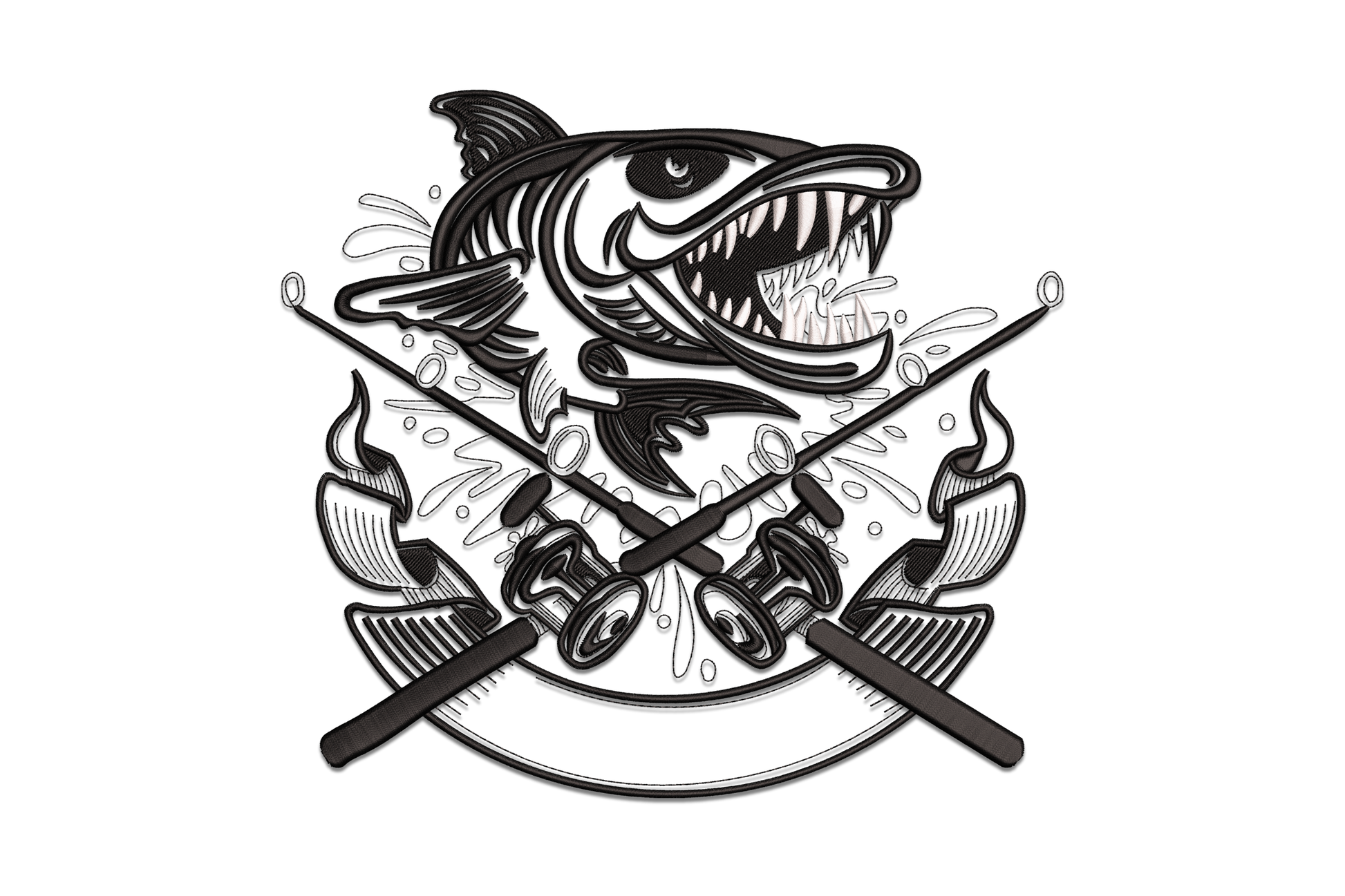 Aggressive fishing skull embroidery design with skull face, fishing rod crossing behind and hook through eye socket, 2 colours bold outline.