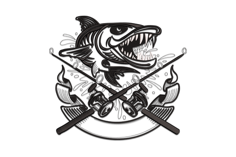 Aggressive fishing skull embroidery design with skull face, fishing rod crossing behind and hook through eye socket, 2 colours bold outline.