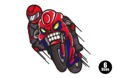 Aggressive racing motorcycle embroidery design with cartoon fanged face fairing, crouched red rider and speed lines in 13 colours.