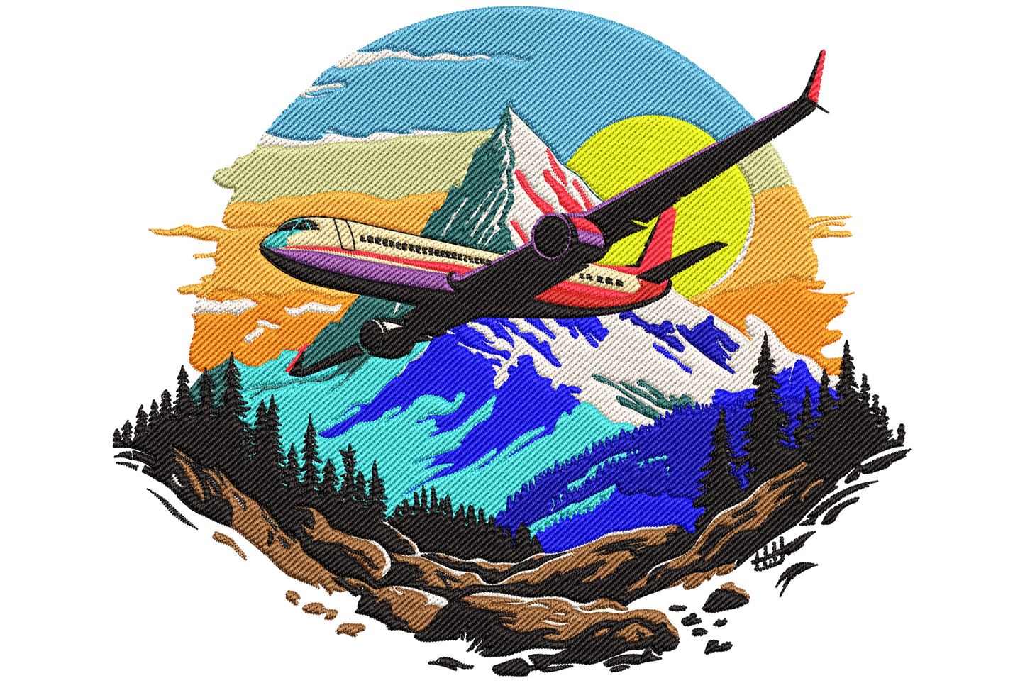 Red and white propeller plane flying past layered sage and slate mountain peaks under a peach sunset sky with soft cream clouds, mid-century travel poster style.
