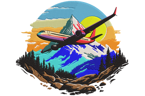 Red and white propeller plane flying past layered sage and slate mountain peaks under a peach sunset sky with soft cream clouds, mid-century travel poster style.