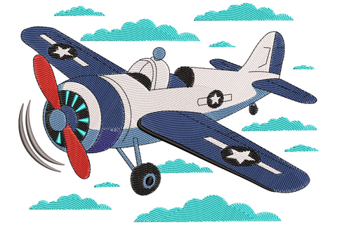Vintage biplane embroidery in navy and steel blue with red propeller, white star roundels and puffy aqua cloud clusters.