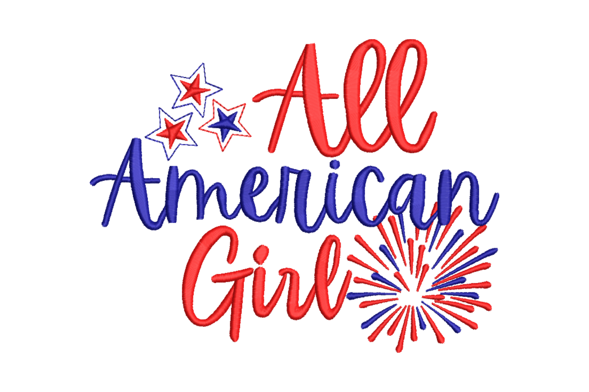 All American Girl embroidery design with stacked red and blue cursive script, star cluster and firework burst accent.