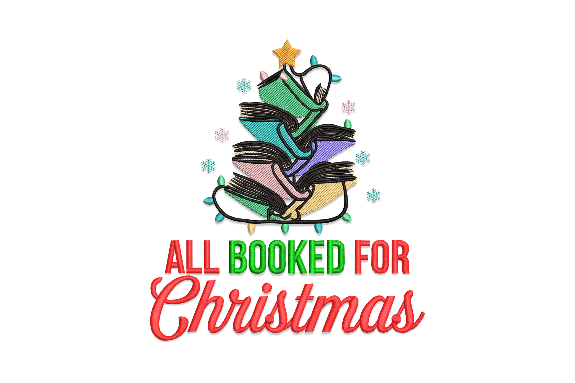 All Booked for Christmas embroidery design, stacked chocolate brown books, cream lettering, forest green holly sprig.