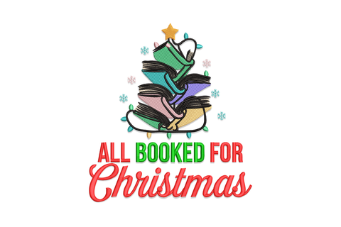 All Booked for Christmas embroidery design, stacked chocolate brown books, cream lettering, forest green holly sprig.