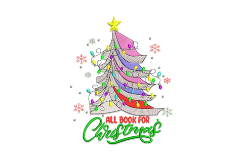 All booked for Christmas embroidery design, abstract ribbon tier tree with fairy lights and snowflakes, green and red script, 12 colours.