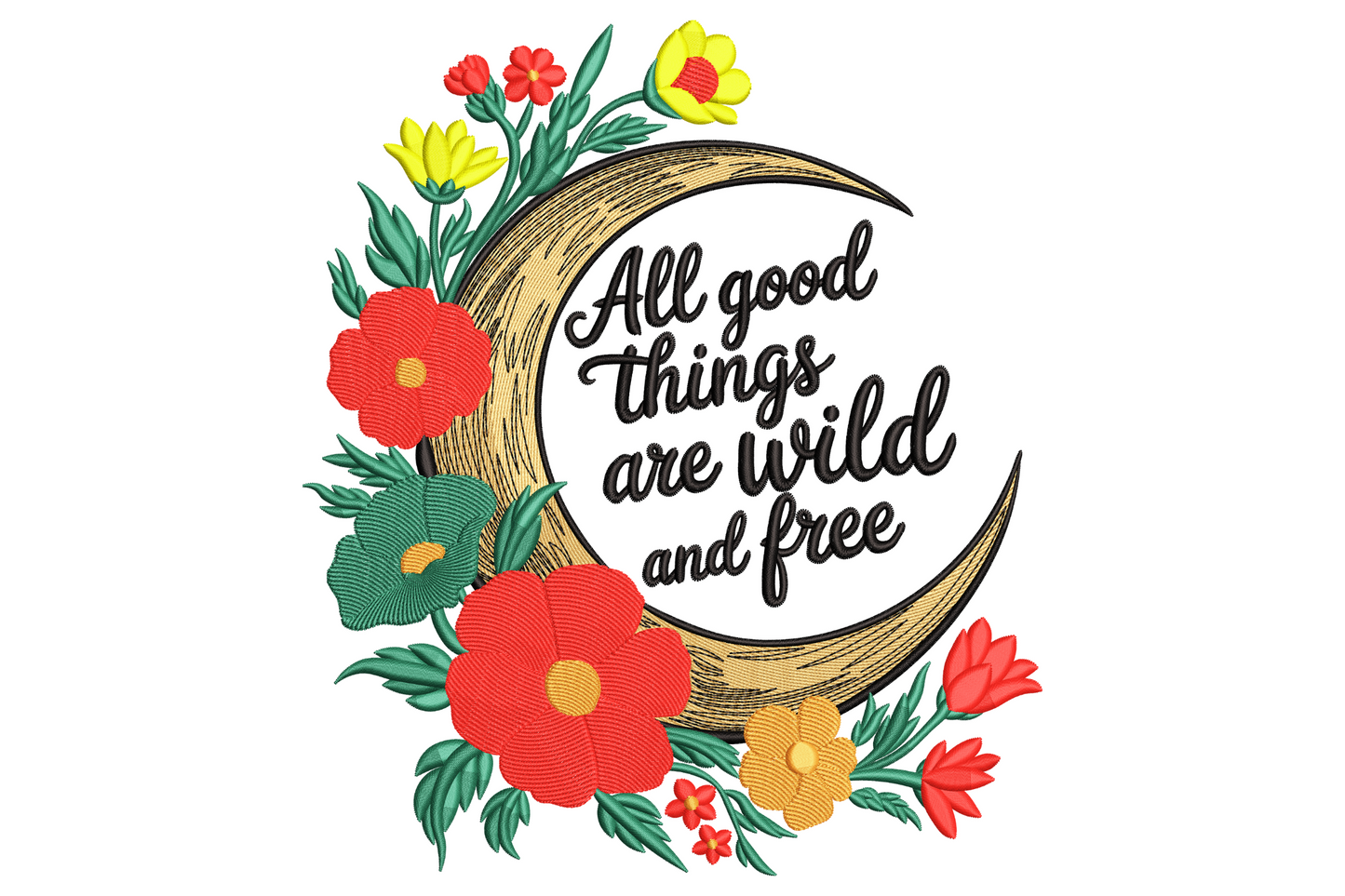 Botanical wreath quote embroidery with cursive script arching over wildflowers in sage green, dusty rose, cream and gold.
