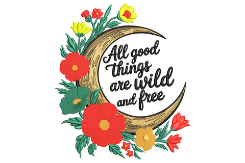 Botanical wreath quote embroidery with cursive script arching over wildflowers in sage green, dusty rose, cream and gold.