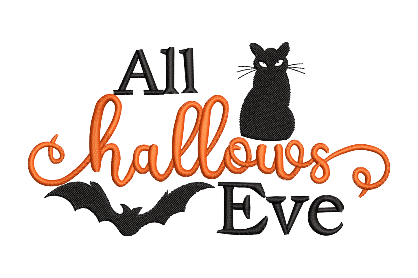 All hallows eve halloween embroidery design, black serif block letters, orange brushscript hallows, grumpy black cat and bat silhouette in two colours.