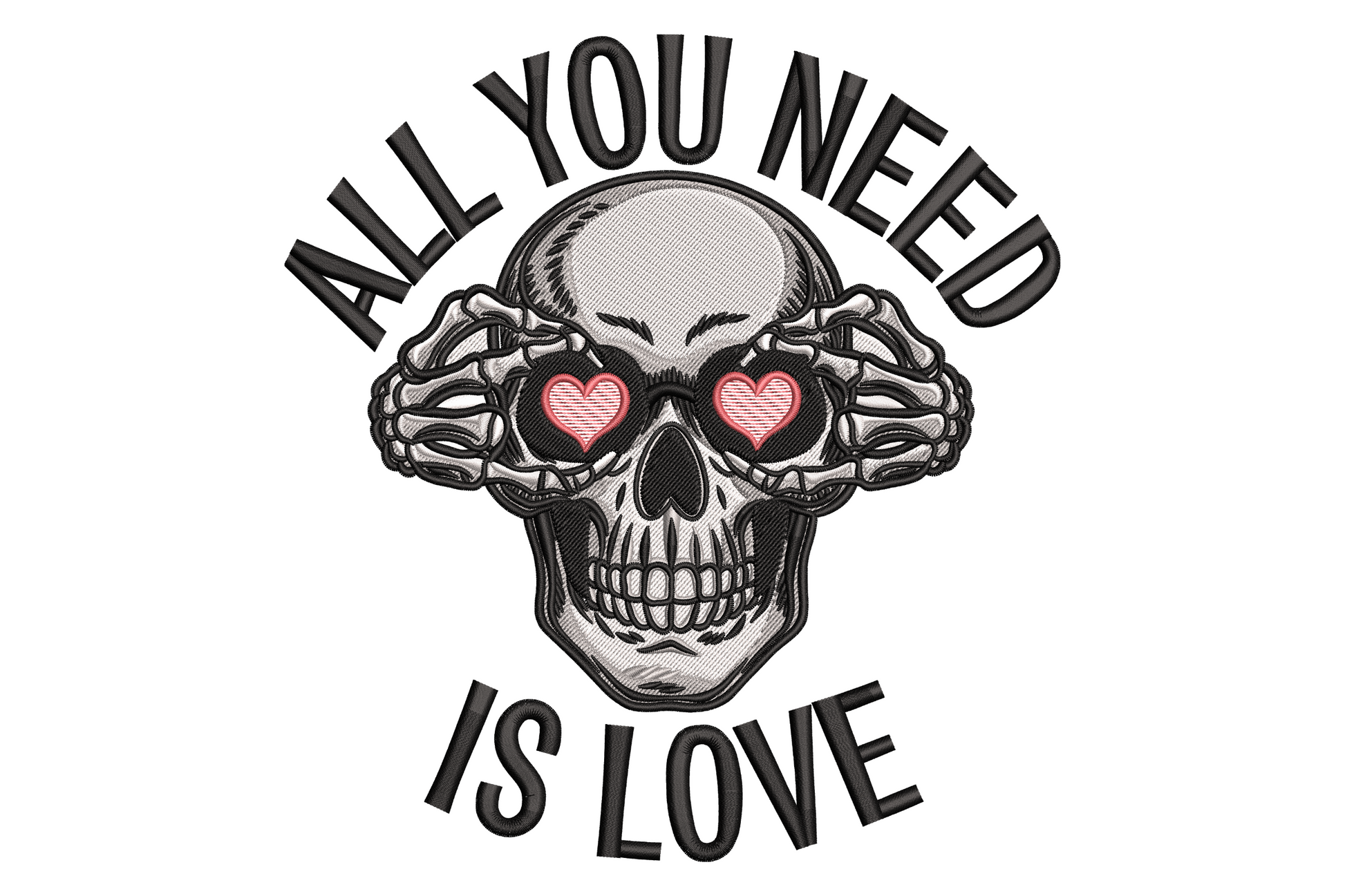 Skull with skeletal hands covering eyes peek a boo style with pink heart pupils and gothic valentines lyric arched in caps