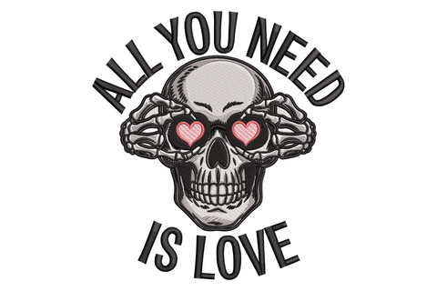 Skull with skeletal hands covering eyes peek a boo style with pink heart pupils and gothic valentines lyric arched in caps