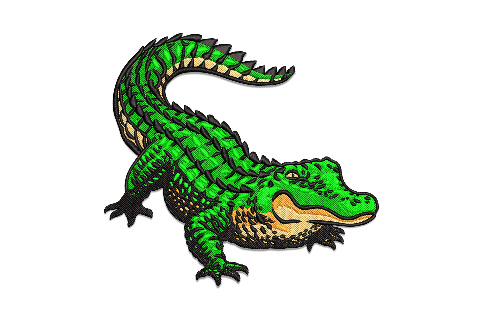 Realistic alligator embroidery, full body walking pose with directional scale stitching, dark green and sand colours.
