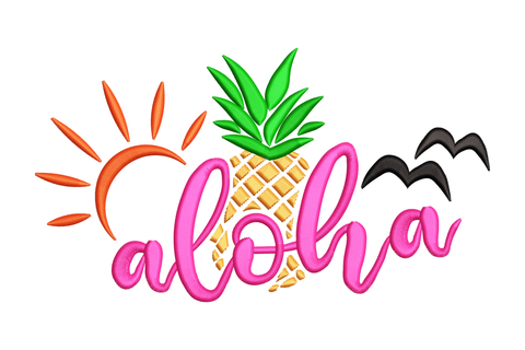 Aloha pineapple embroidery with hot pink script, orange sun rays, dark green crown and three black seabirds.